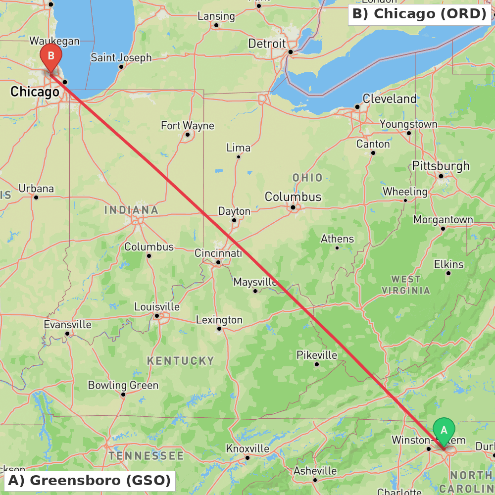 Flight route map from Greensboro to Chicago