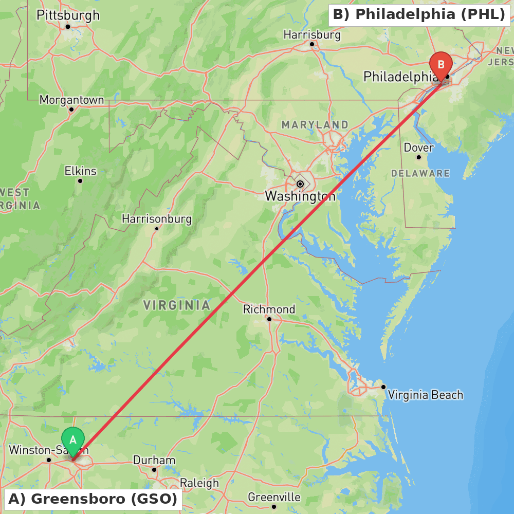 Flight route map from Greensboro to Philadelphia