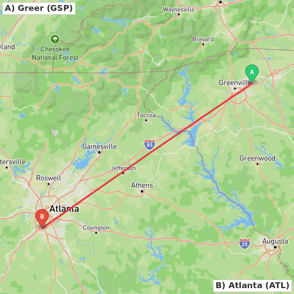 Flight route map from Greer to Atlanta