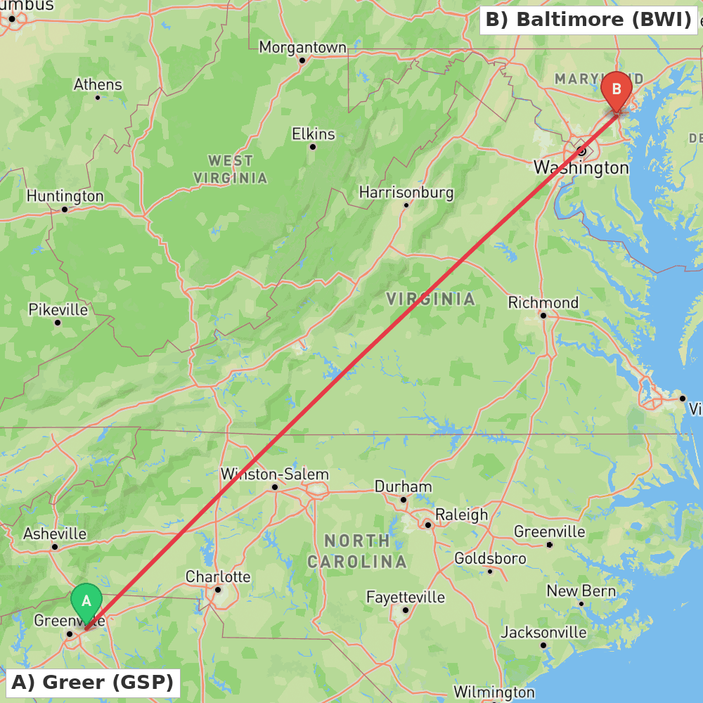 Flight route map from Greer to Baltimore