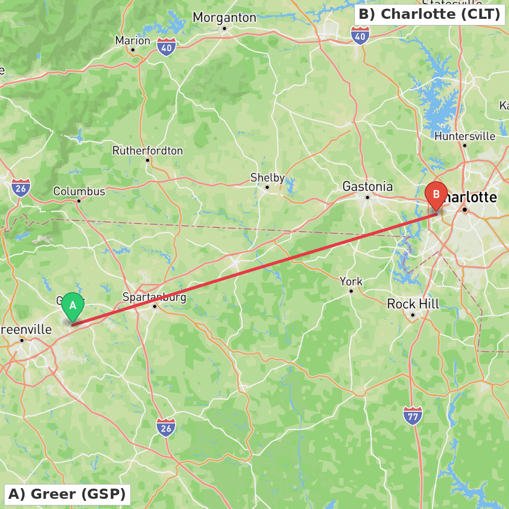 Flight route map from Greer to Charlotte