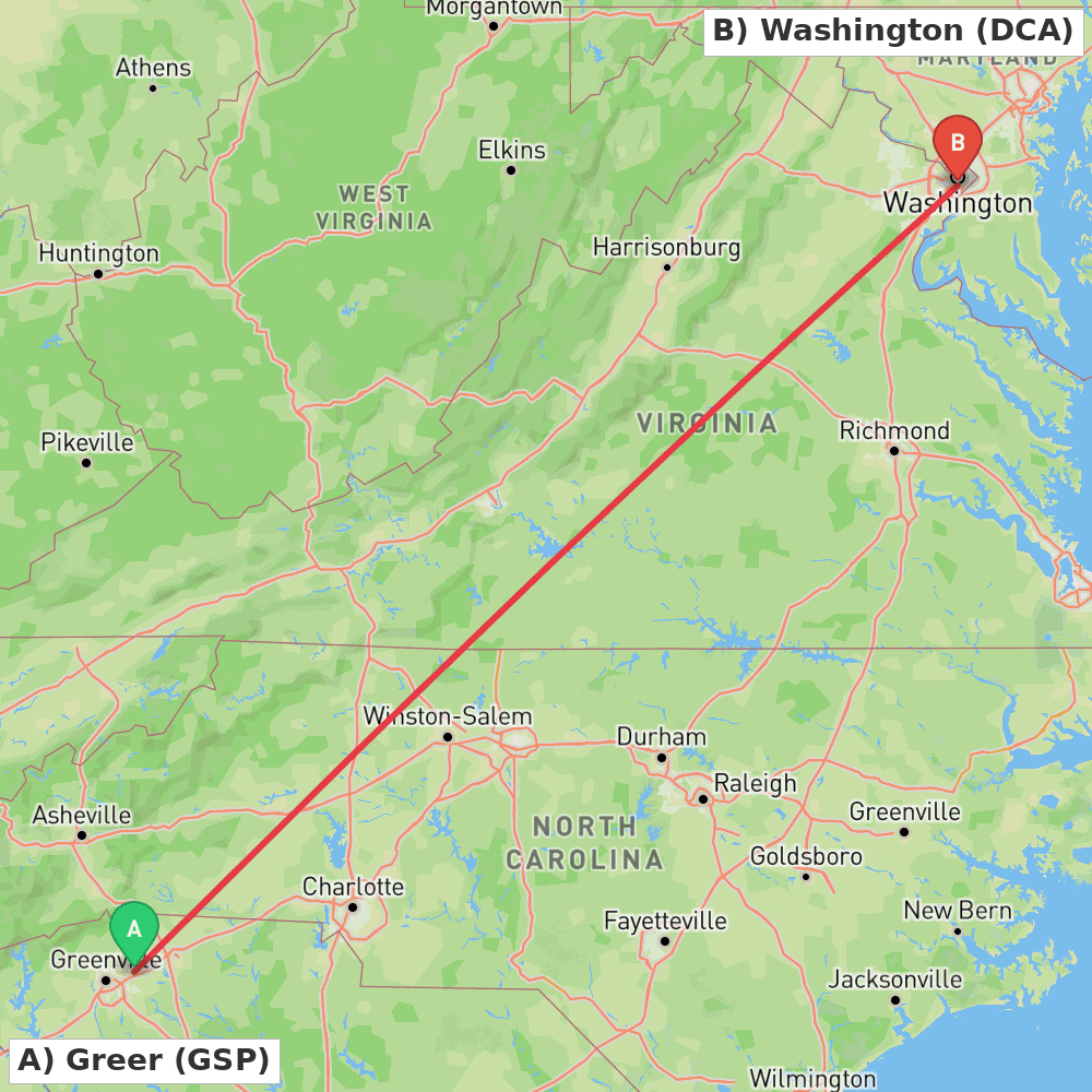 Flight route map from Greer to Washington
