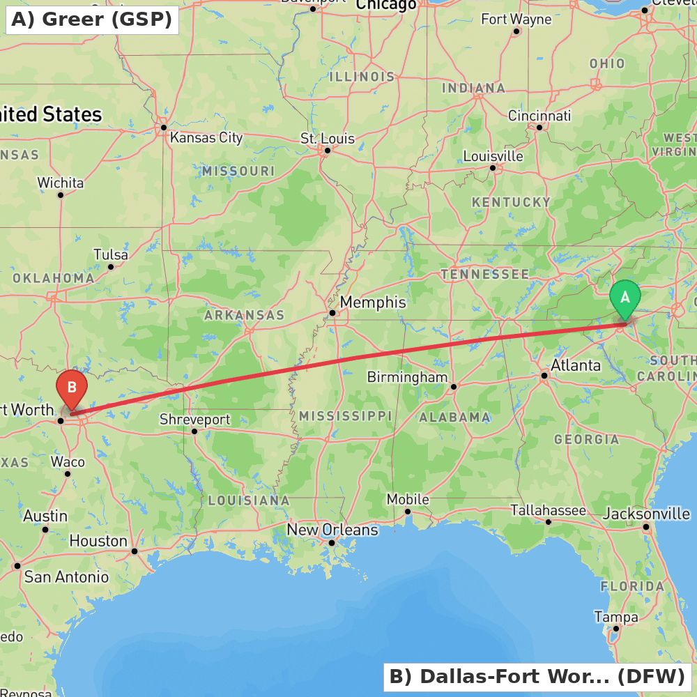 Flight route map from Greer to Dallas-Fort Worth