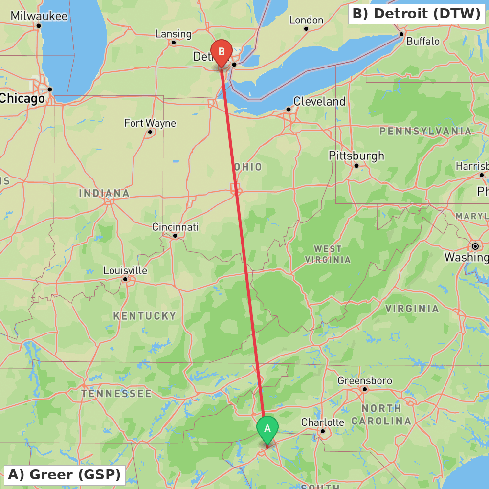 Flight route map from Greer to Detroit