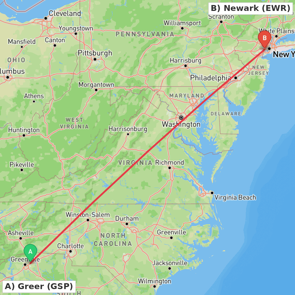 Flight route map from Greer to Newark