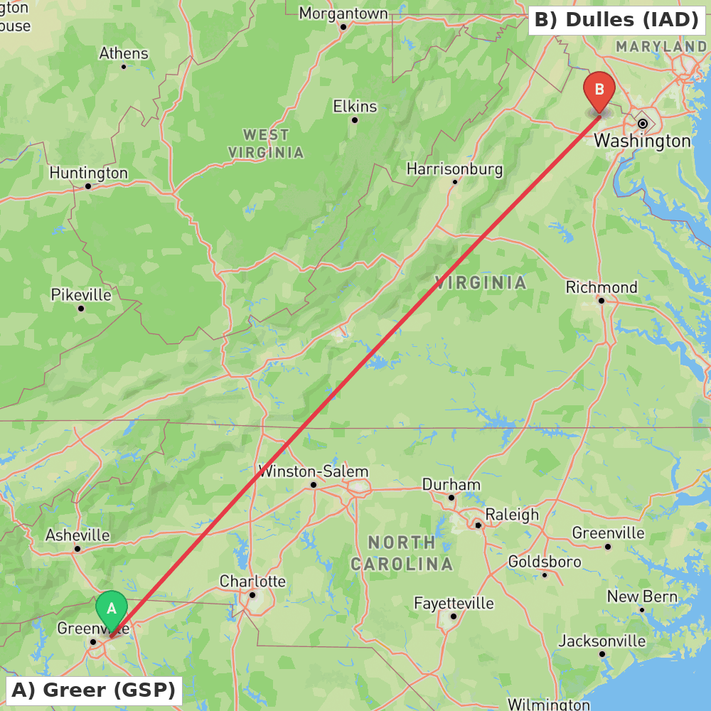 Flight route map from Greer to Dulles