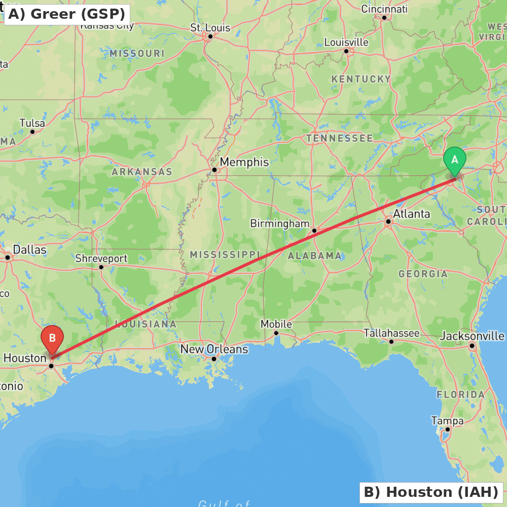 Flight route map from Greer to Houston