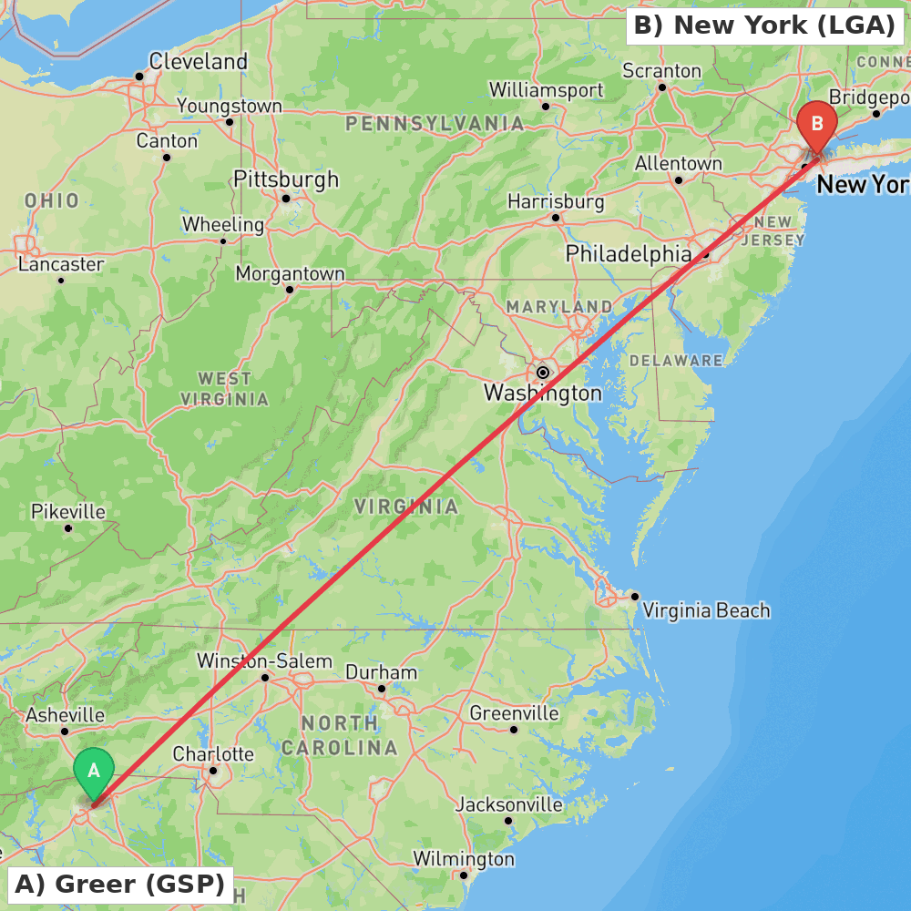 Flight route map from Greer to New York