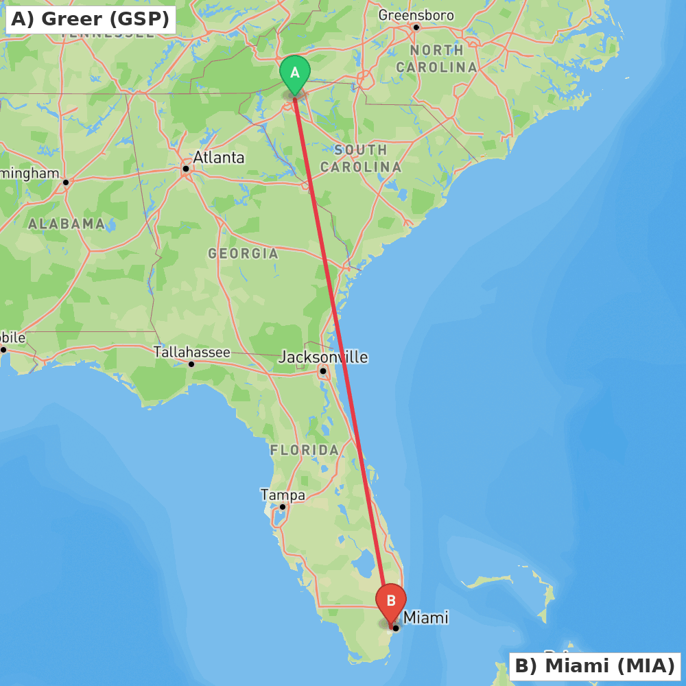 Flight route map from Greer to Miami