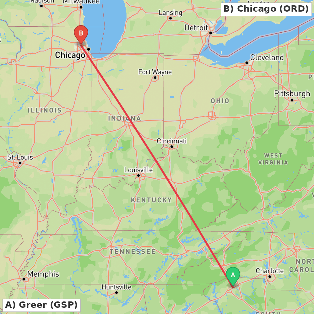 Flight route map from Greer to Chicago
