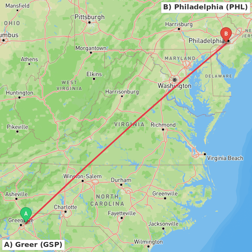 Flight route map from Greer to Philadelphia