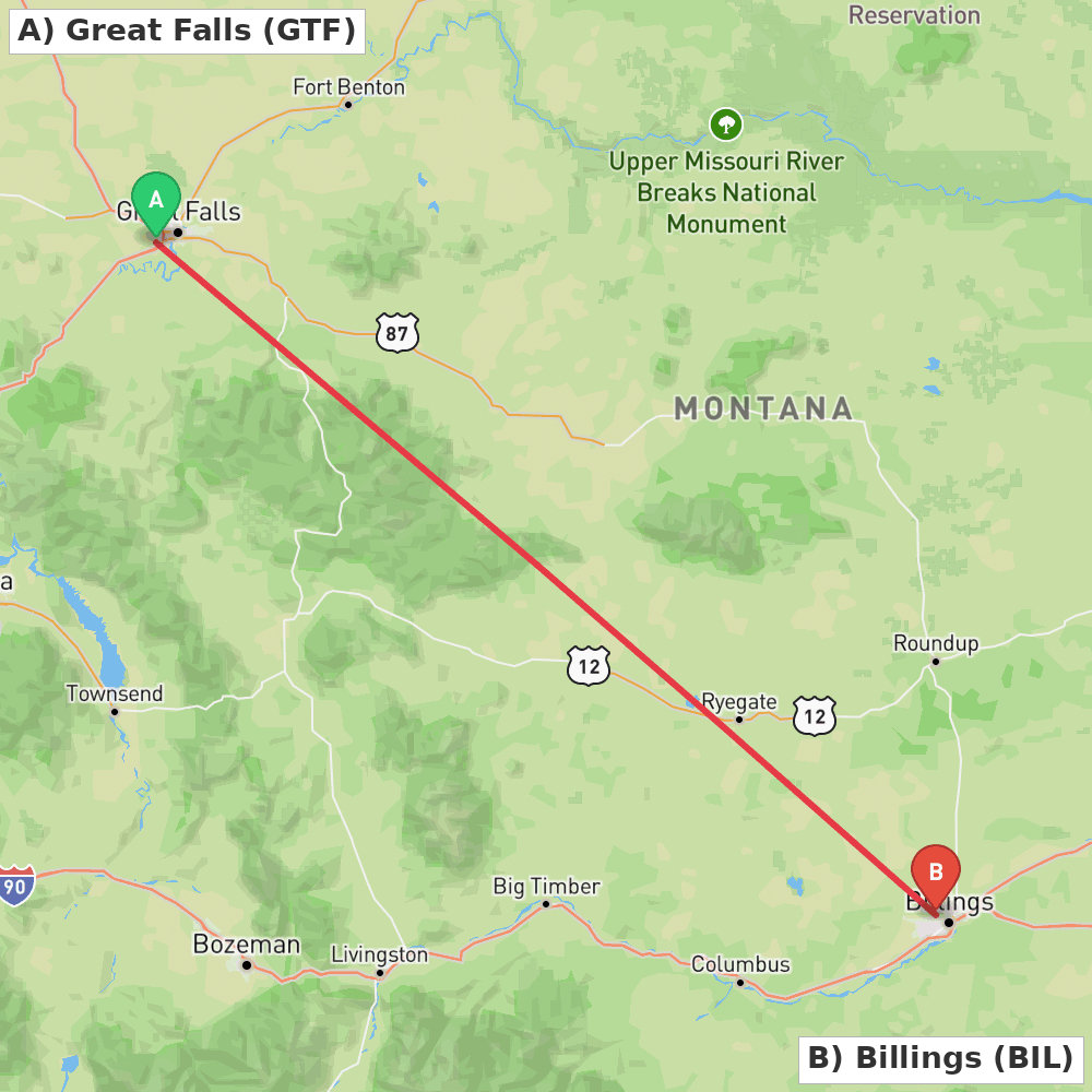 Flight route map from Great Falls to Billings