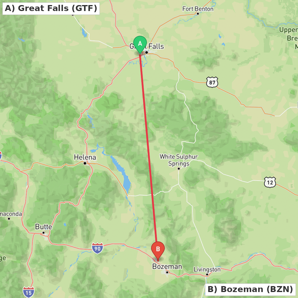 Flight route map from Great Falls to Bozeman