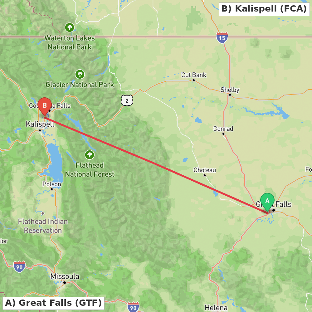 Flight route map from Great Falls to Kalispell