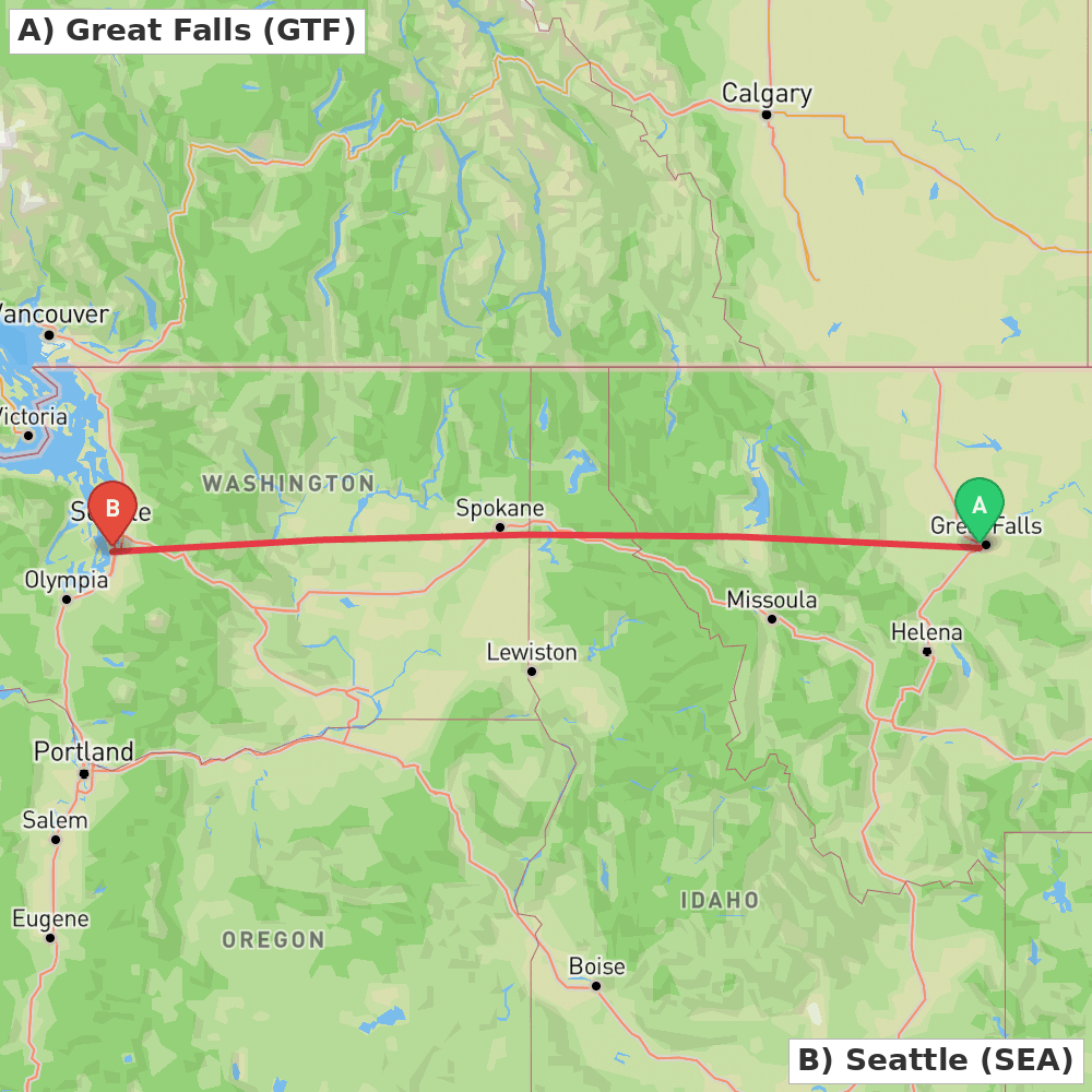 Flight route map from Great Falls to Seattle