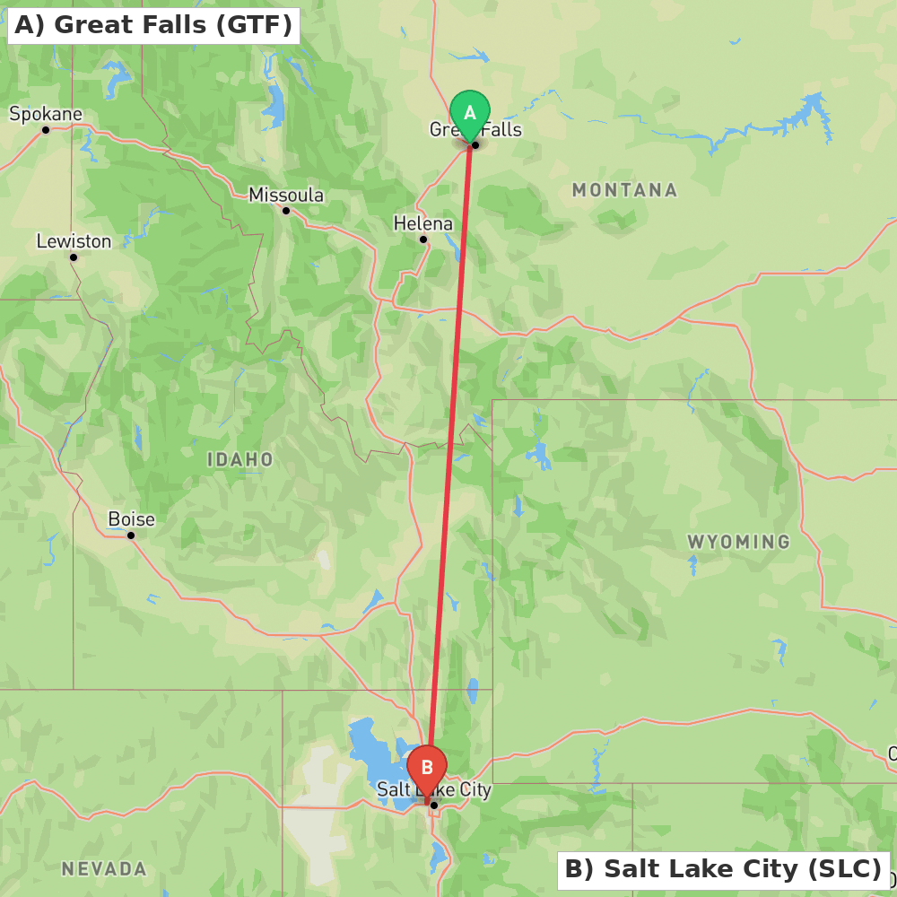 Flight route map from Great Falls to Salt Lake City