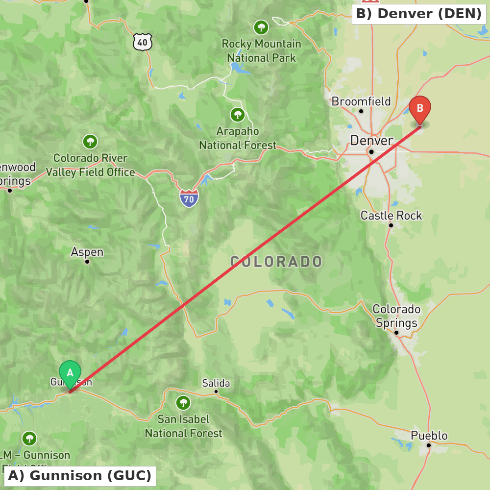 Flight route map from Gunnison to Denver