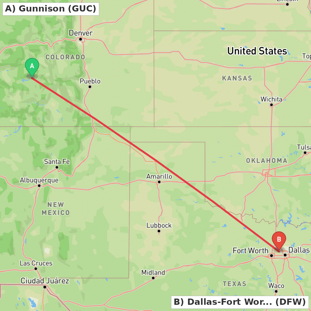 Flight route map from Gunnison to Dallas-Fort Worth