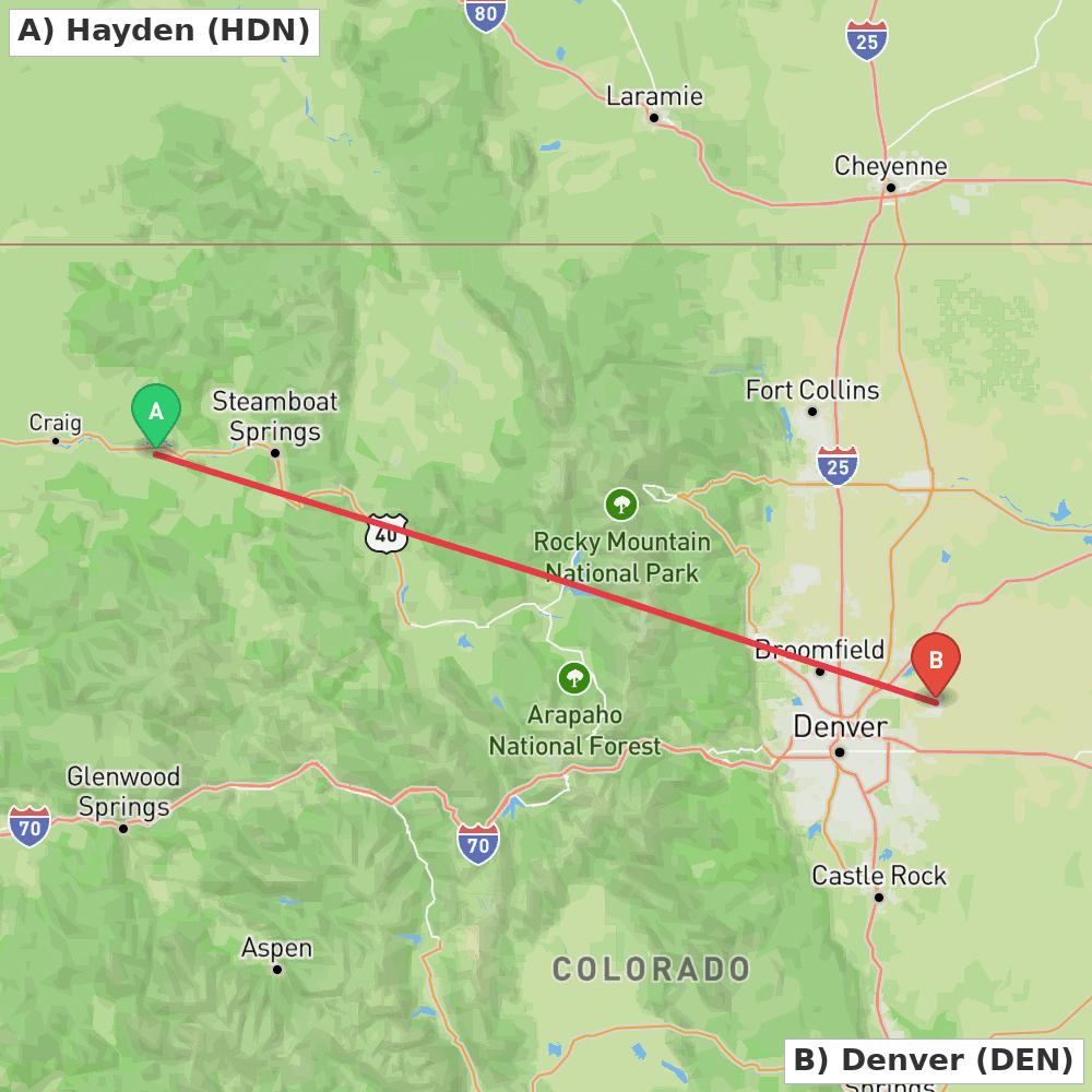 Flight route map from Hayden to Denver