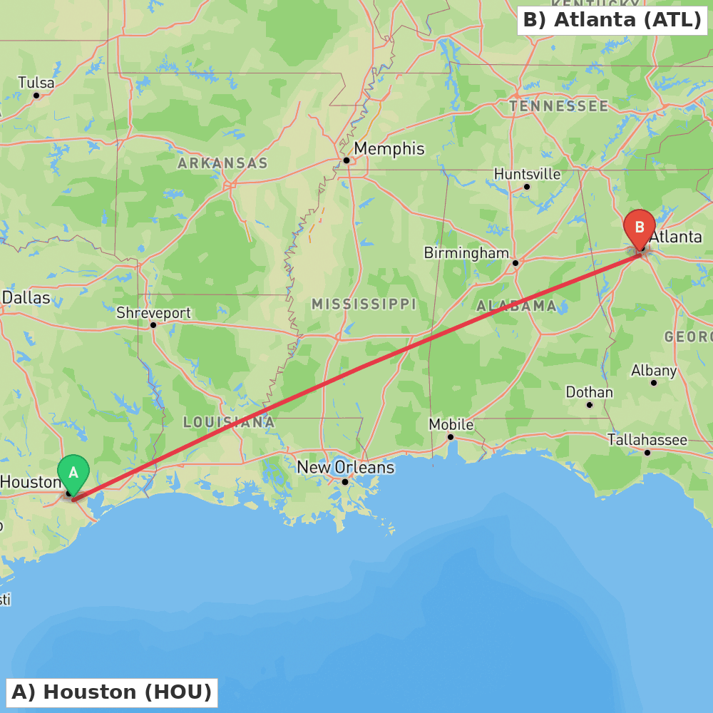 Flight route map from Houston to Atlanta