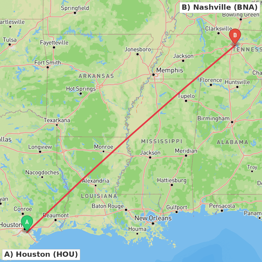 Flight route map from Houston to Nashville