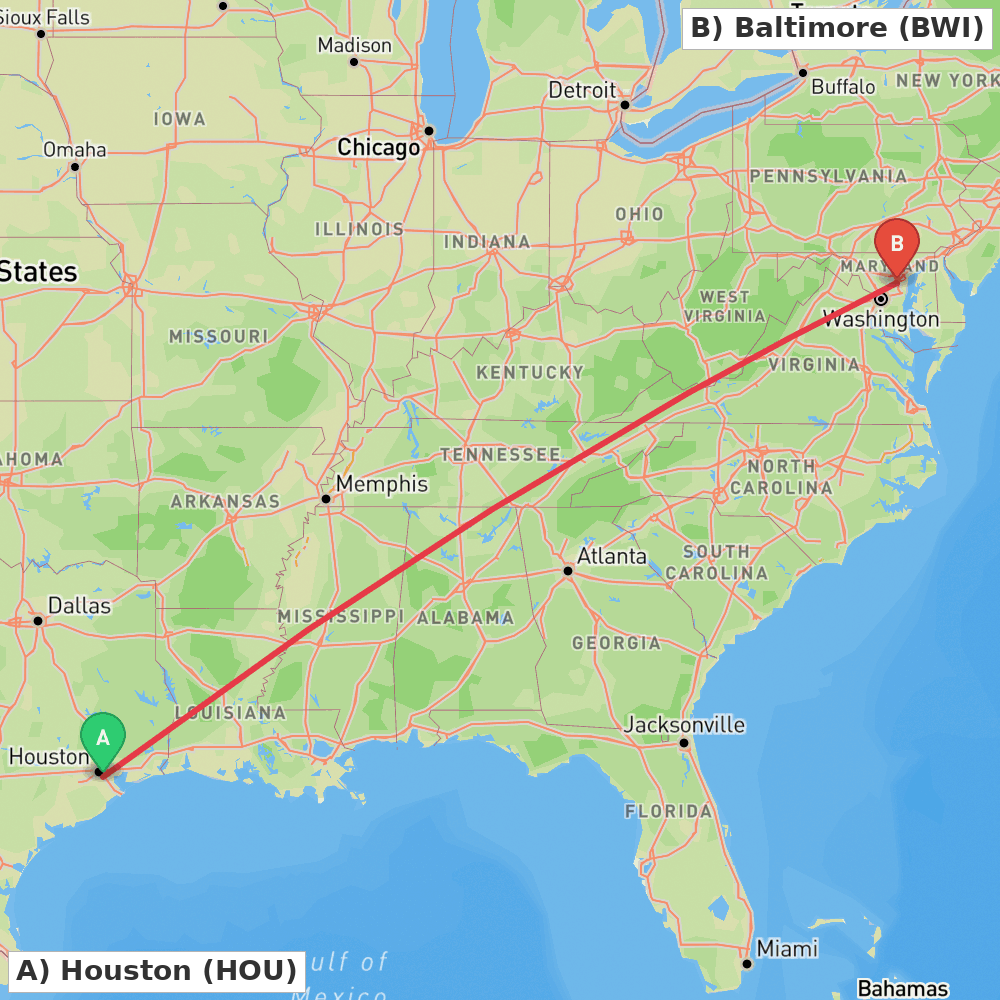 Flight route map from Houston to Baltimore