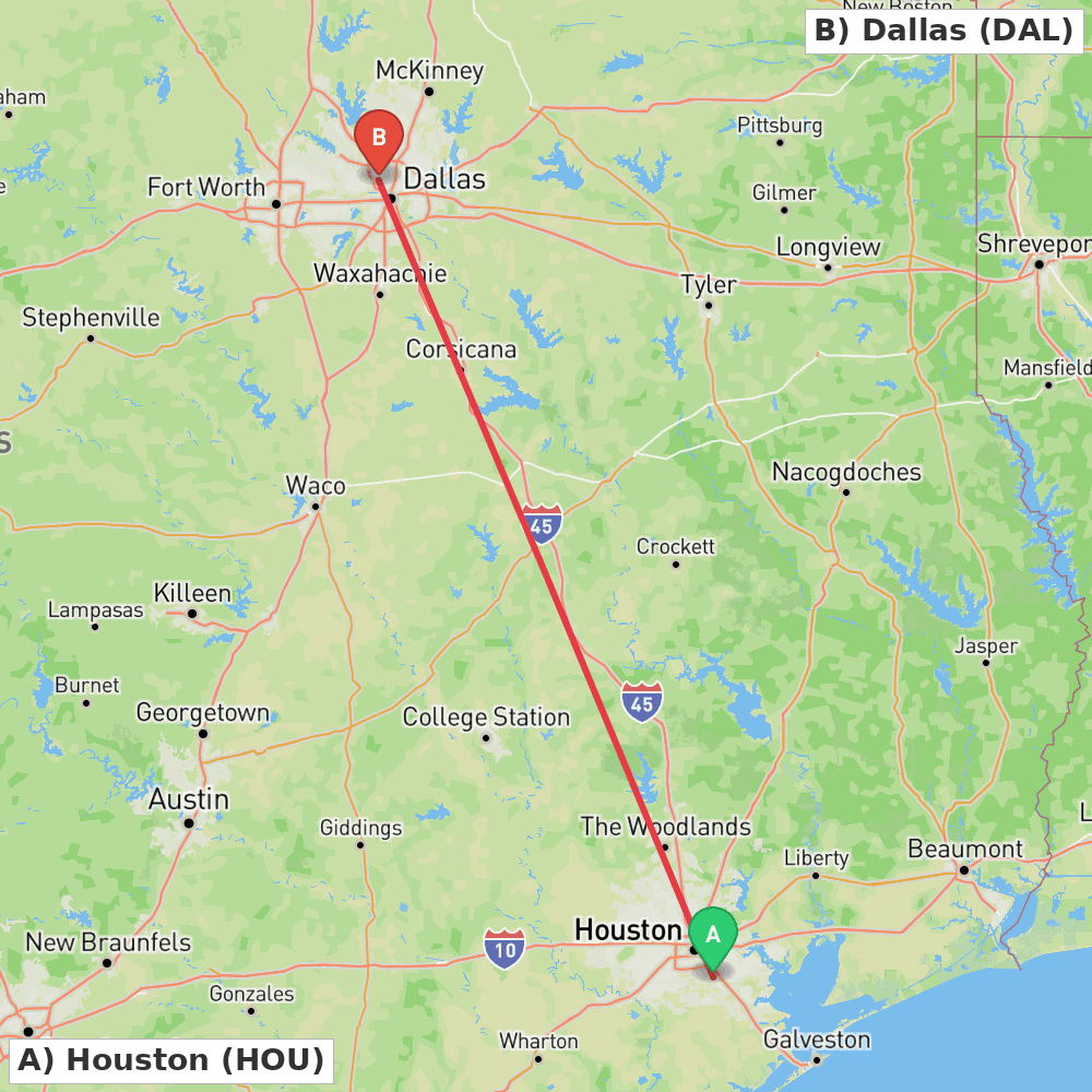 Flight route map from Houston to Dallas