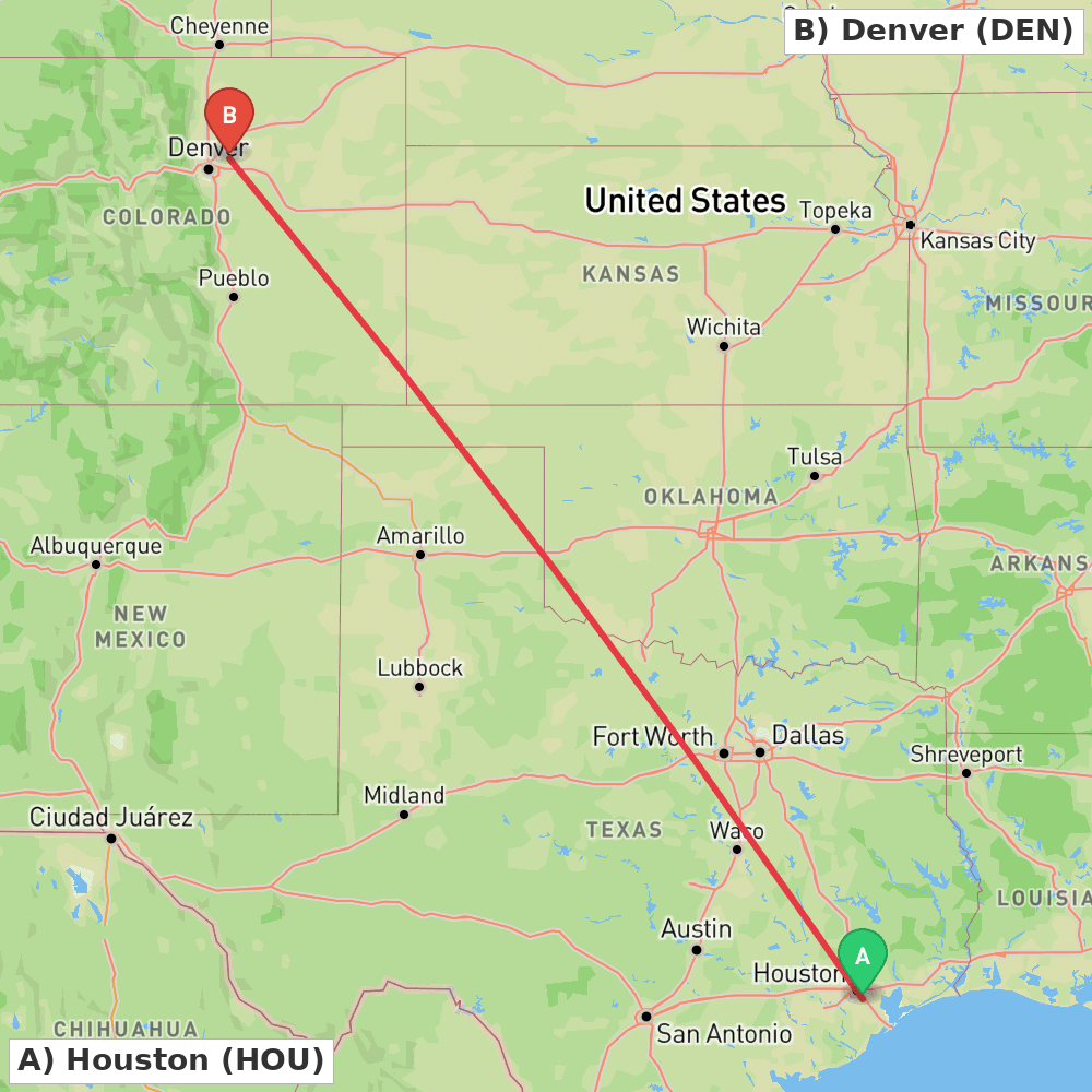 Flight route map from Houston to Denver