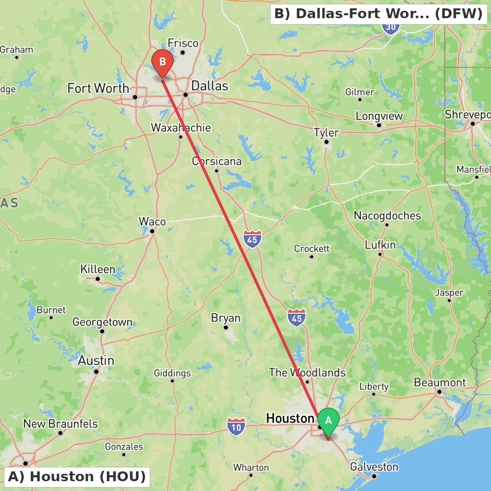 Flight route map from Houston to Dallas-Fort Worth