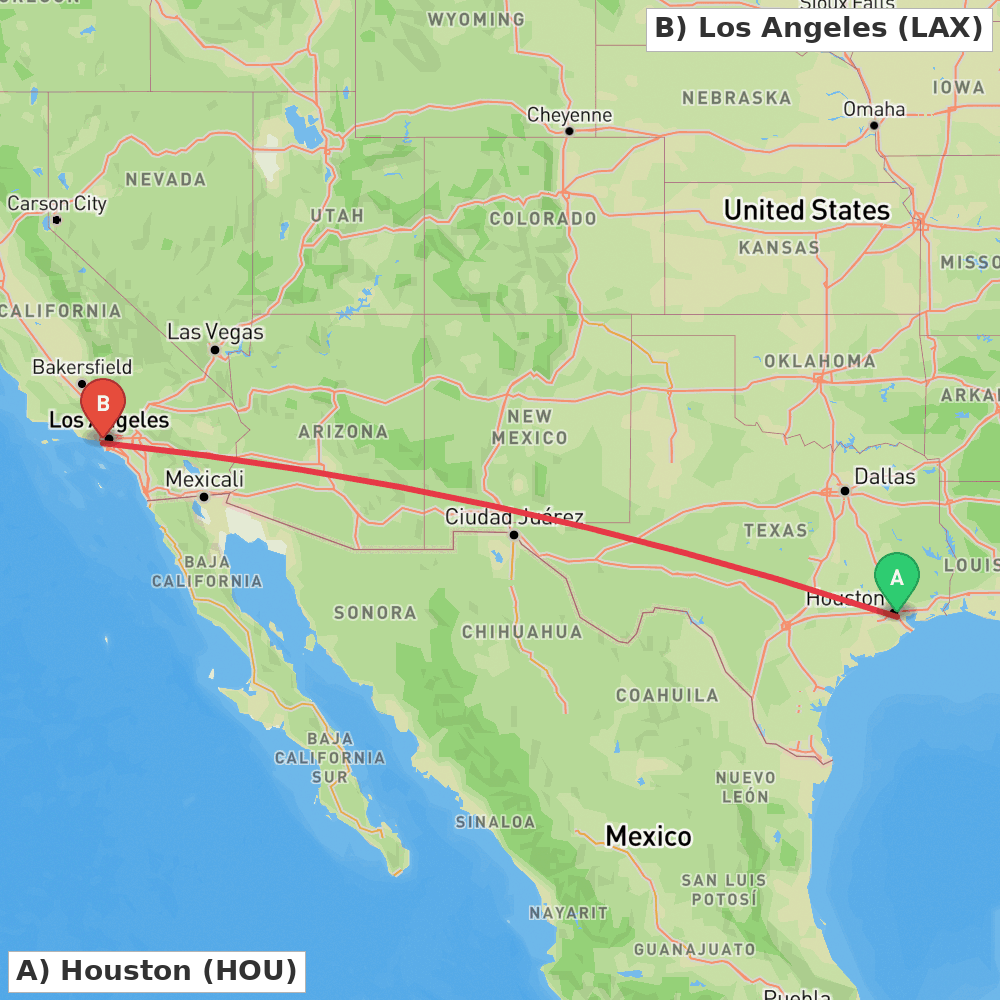 Flight route map from Houston to Los Angeles