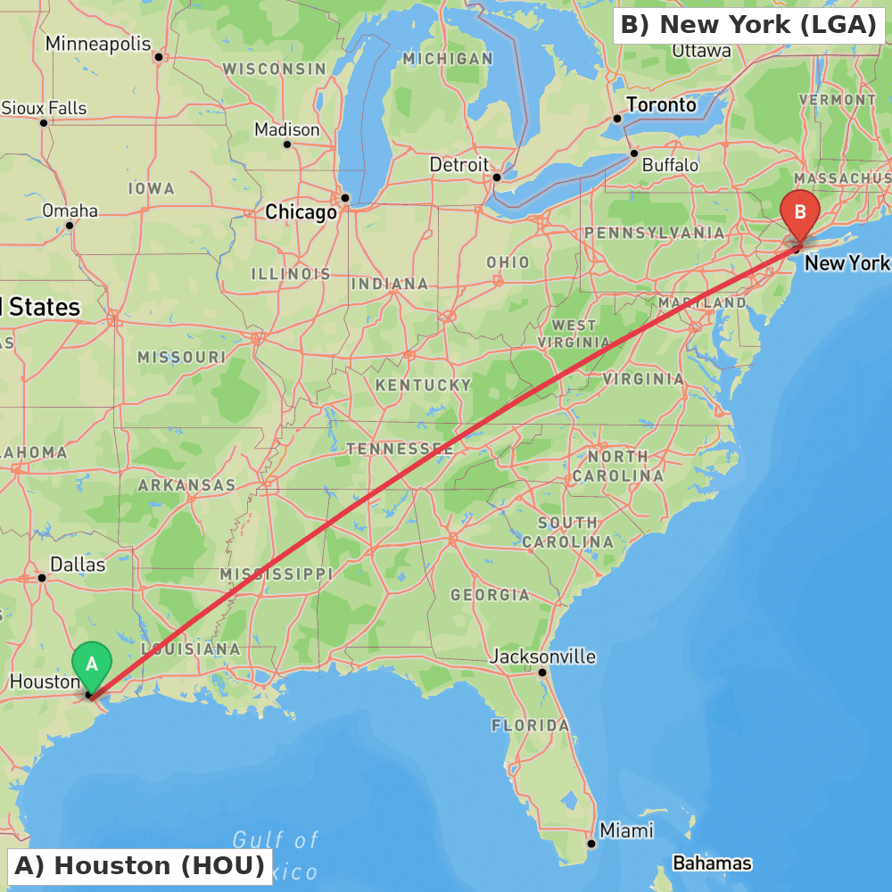 Flight route map from Houston to New York