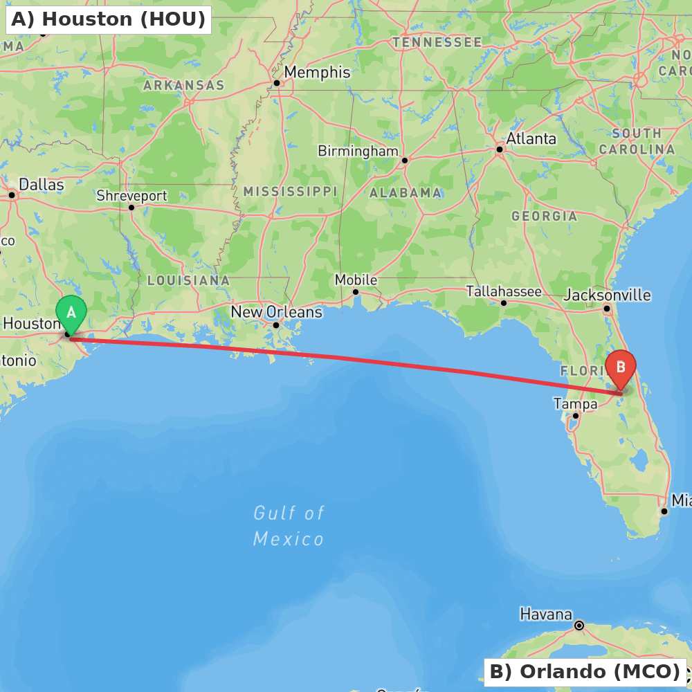 Flight route map from Houston to Orlando