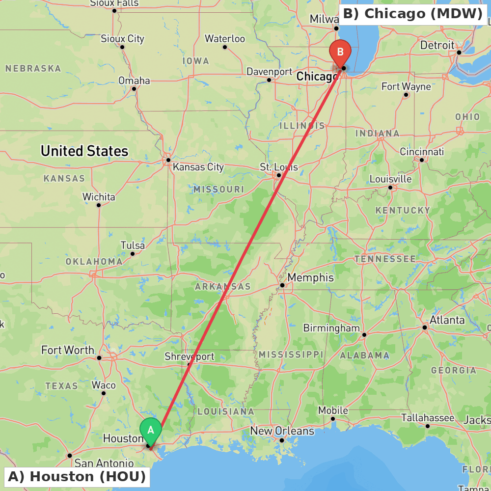 Flight route map from Houston to Chicago