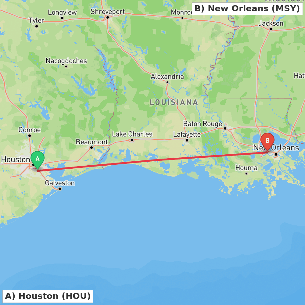 Flight route map from Houston to New Orleans