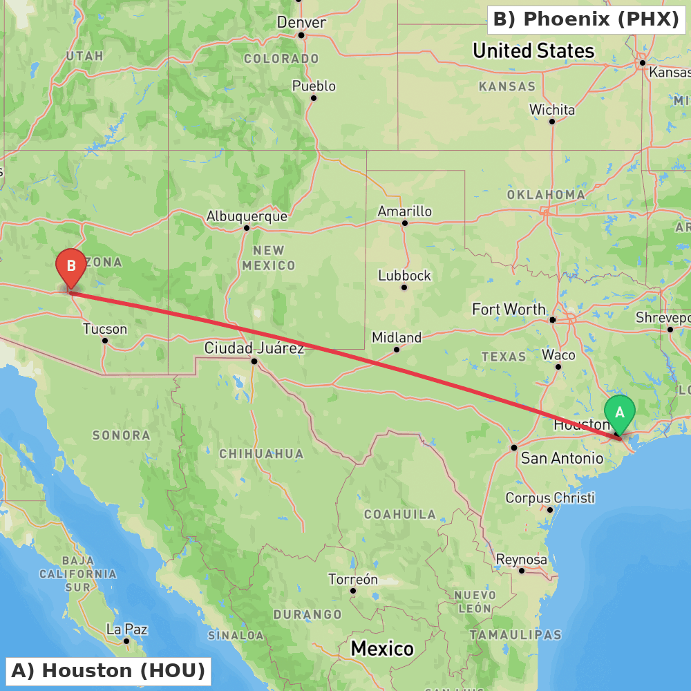 Flight route map from Houston to Phoenix