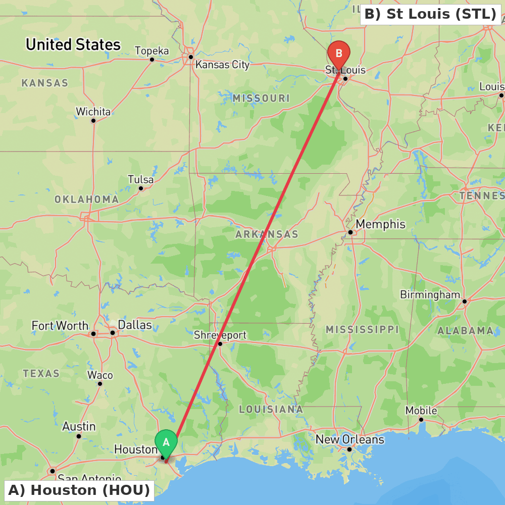 Flight route map from Houston to St Louis