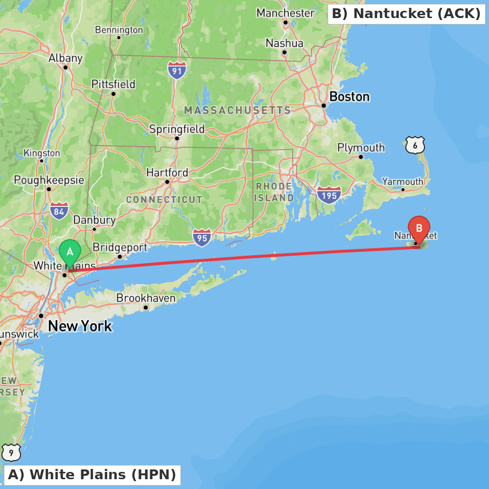 Flight route map from White Plains to Nantucket