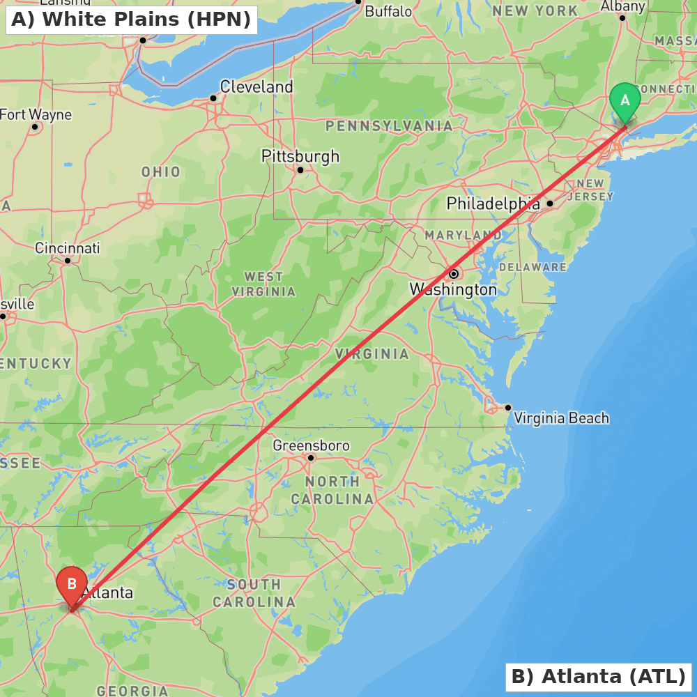 Flight route map from White Plains to Atlanta