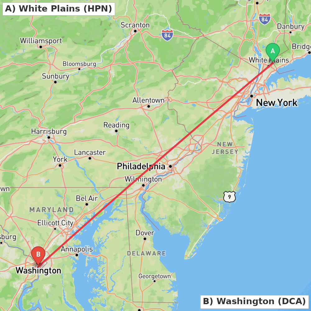 Flight route map from White Plains to Washington