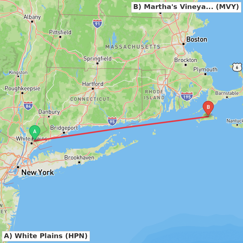 Flight route map from White Plains to Martha's Vineyard