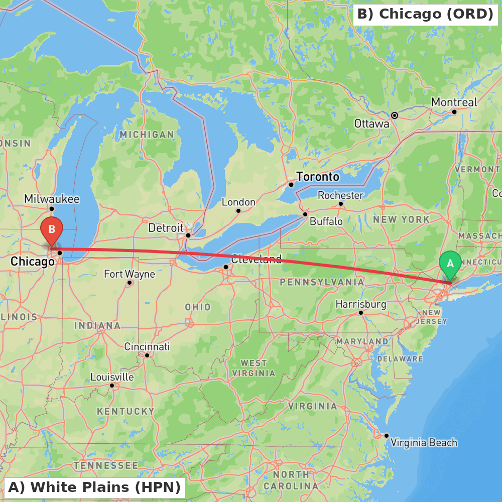 Flight route map from White Plains to Chicago