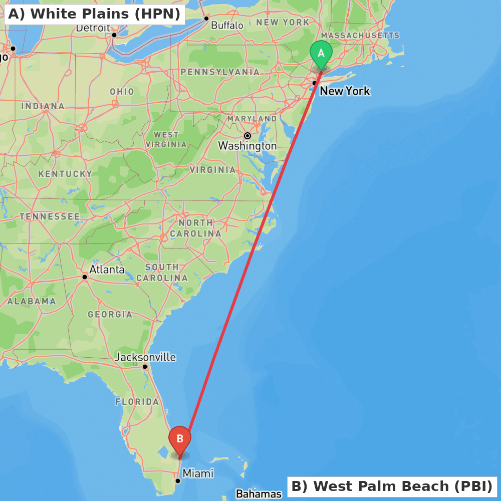 Flight route map from White Plains to West Palm Beach