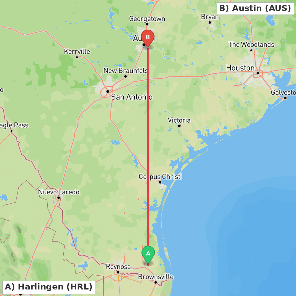 Flight route map from Harlingen to Austin
