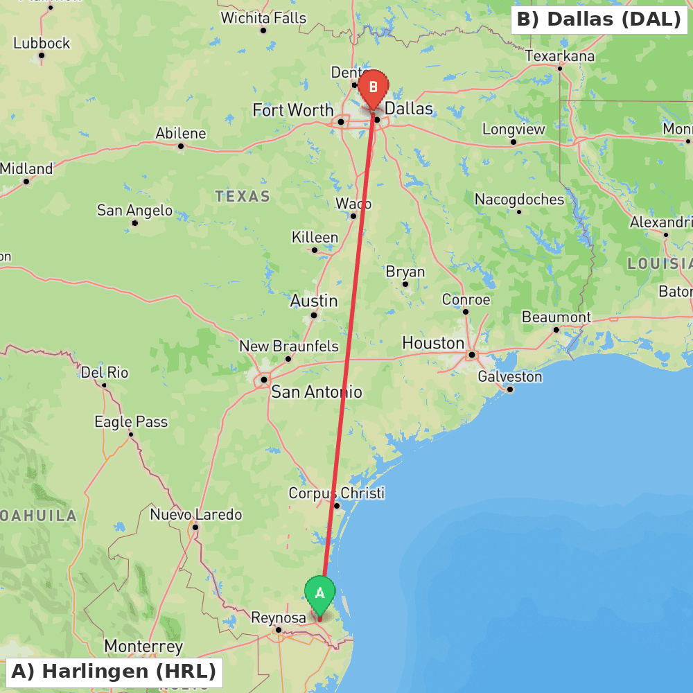 Flight route map from Harlingen to Dallas