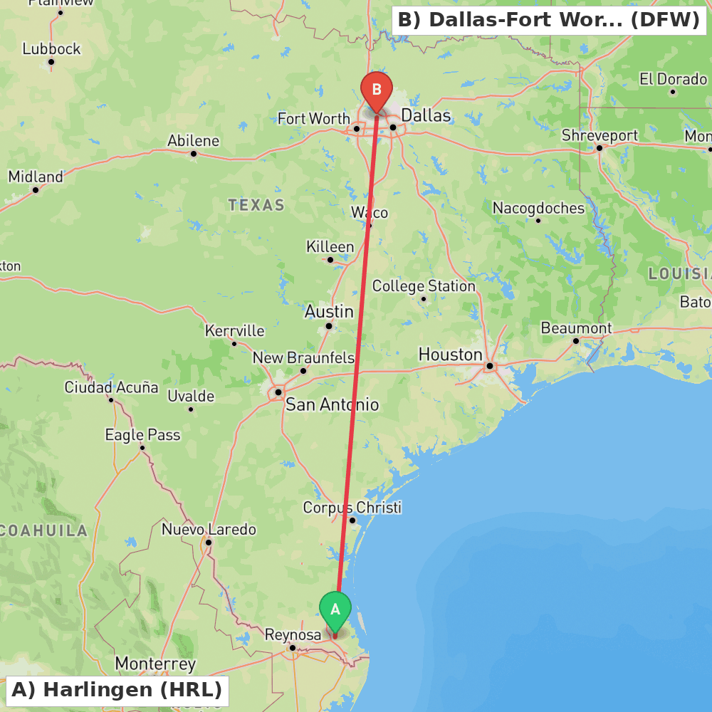 Flight route map from Harlingen to Dallas-Fort Worth