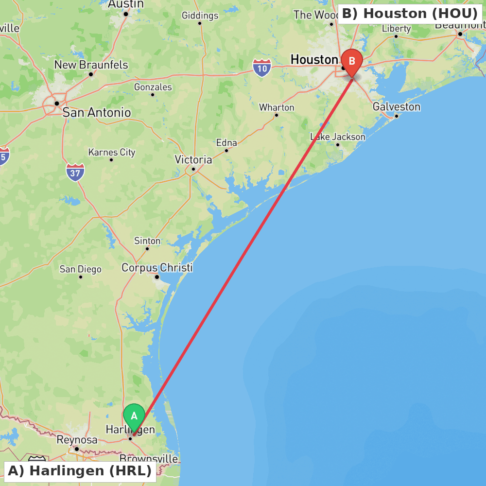 Flight route map from Harlingen to Houston