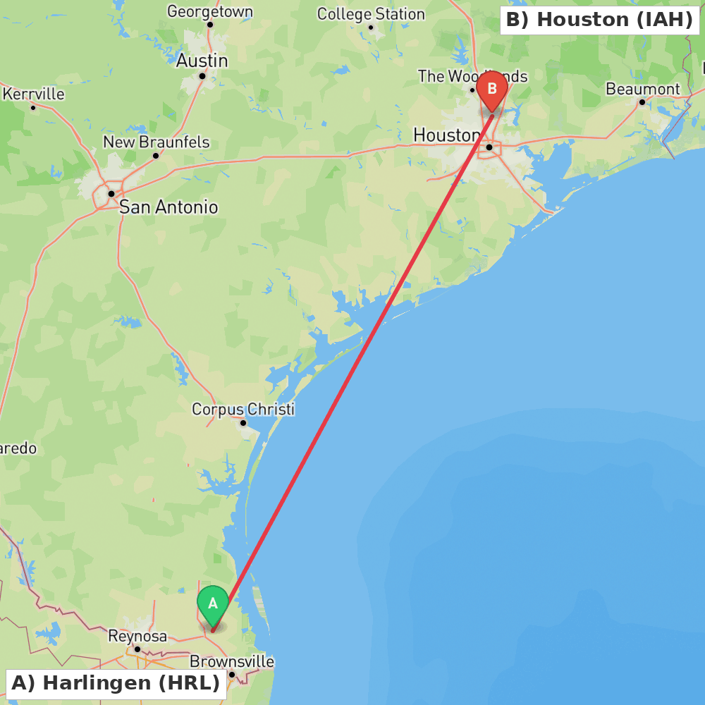 Flight route map from Harlingen to Houston