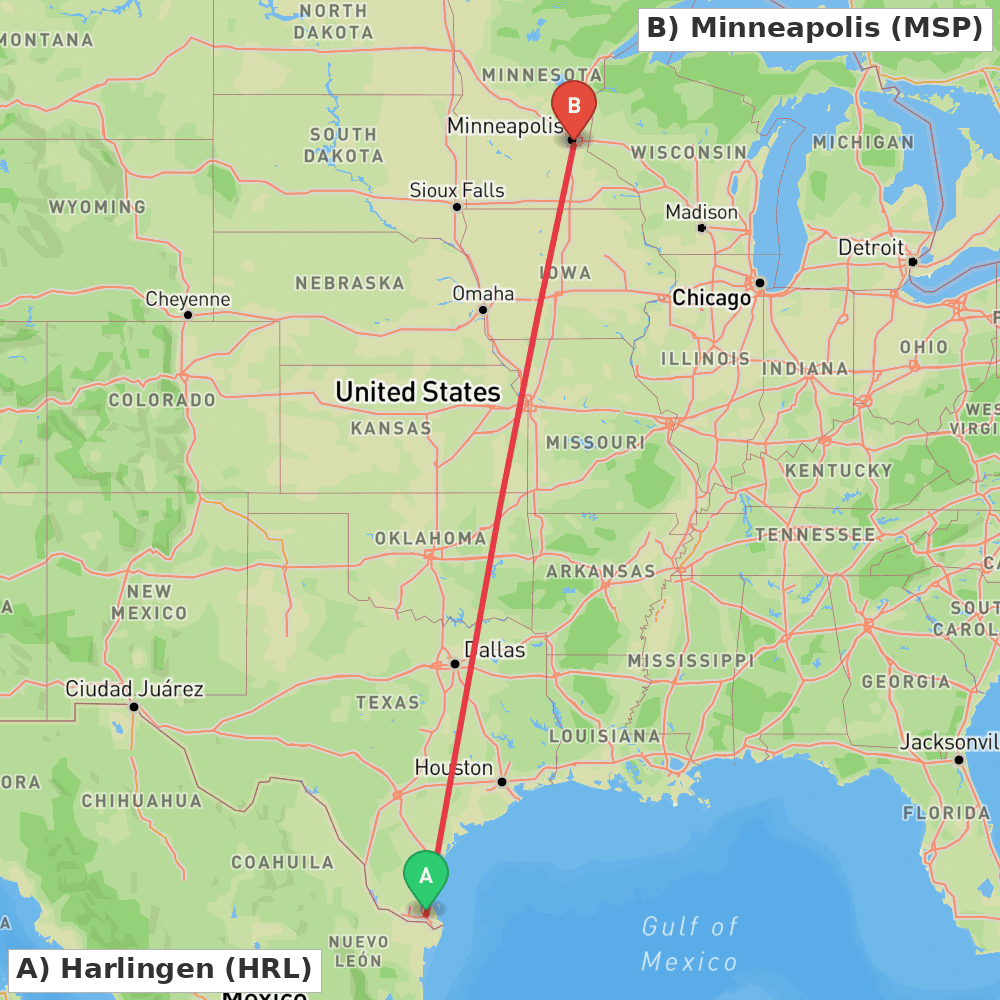 Flight route map from Harlingen to Minneapolis