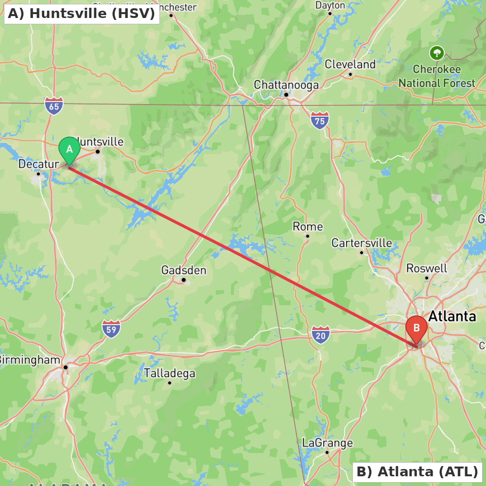 Flight route map from Huntsville to Atlanta