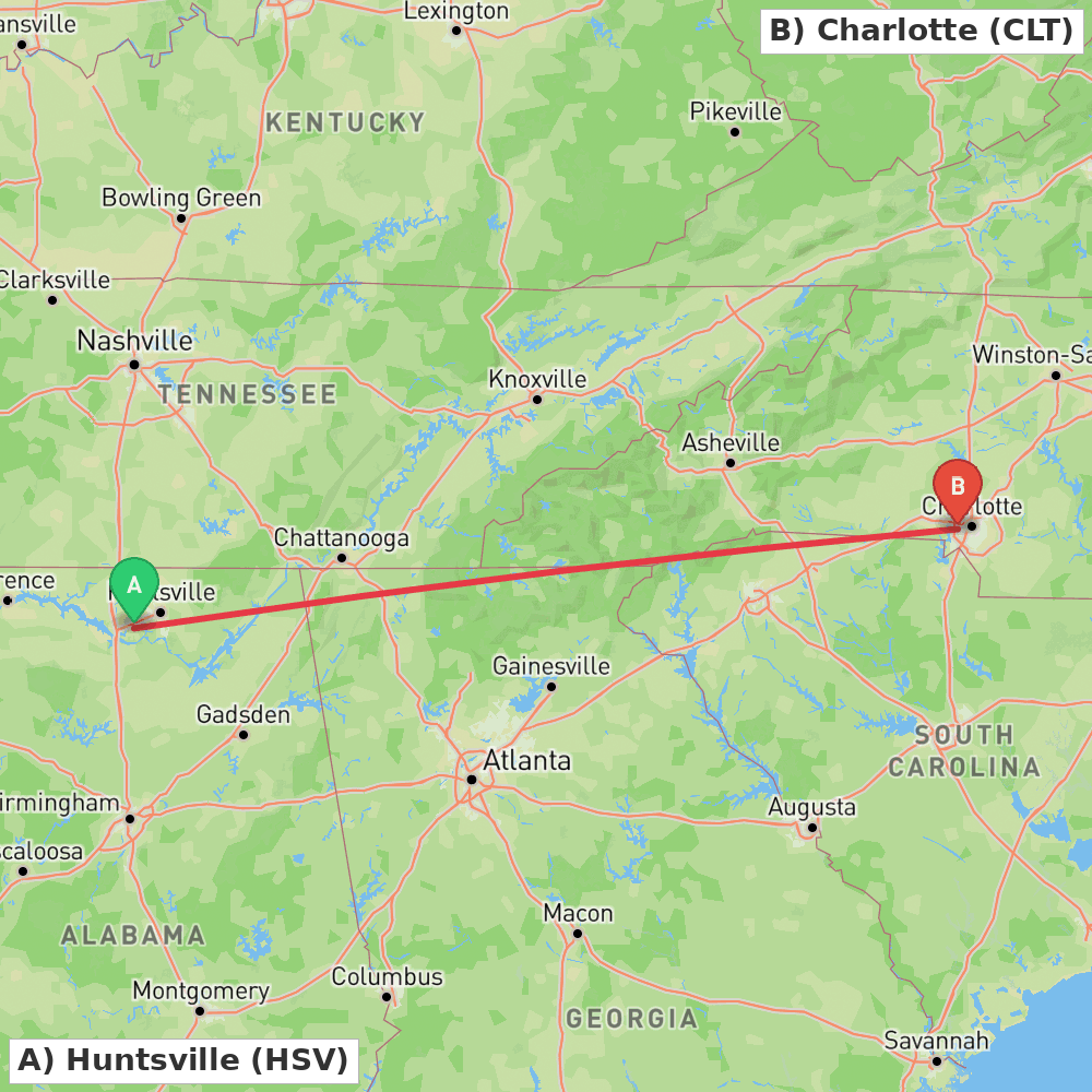 Flight route map from Huntsville to Charlotte